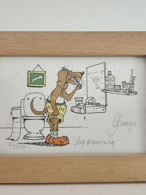 Cartoon Dog Brushing Teeth Framed Art Print - Yellow & Orange